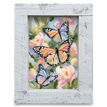 Butterflies Among Blush Blooms | Real Wood Framed Wall Art Print