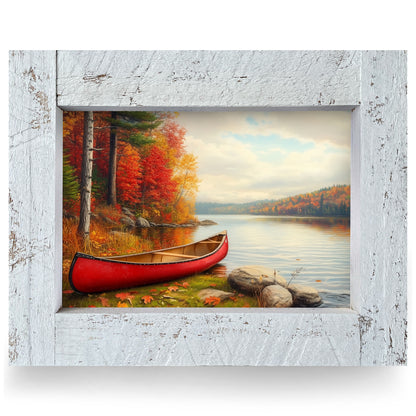 Red Canoe Fall Lake | Real Wood Framed Wall Art Print