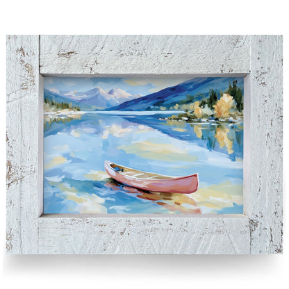 Pink Canoe Mountain Lake | Real Wood Framed Wall Art Print