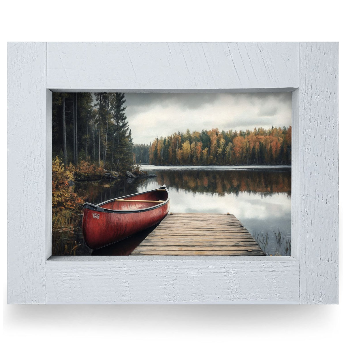 Red Canoe Docked | Real Wood Framed Wall Art Print