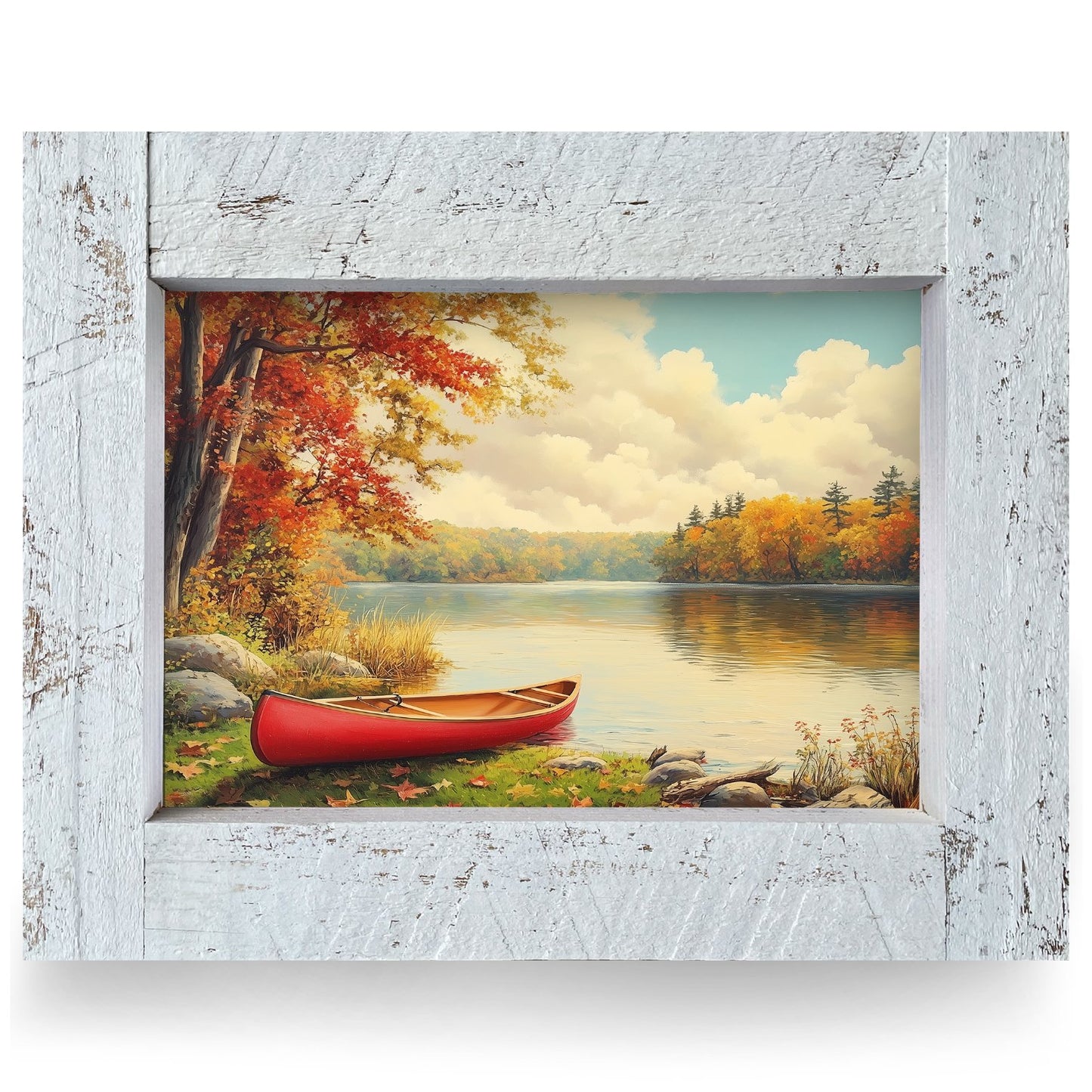 Autumn Red Canoe | Real Wood Framed Wall Art Print