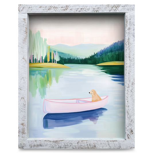 Pastel Pink Dog in Lake Canoe | Real Wood Framed Wall Art Print