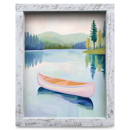 Pastel Pink Lake Canoe | Real Wood Framed Wall Art Print