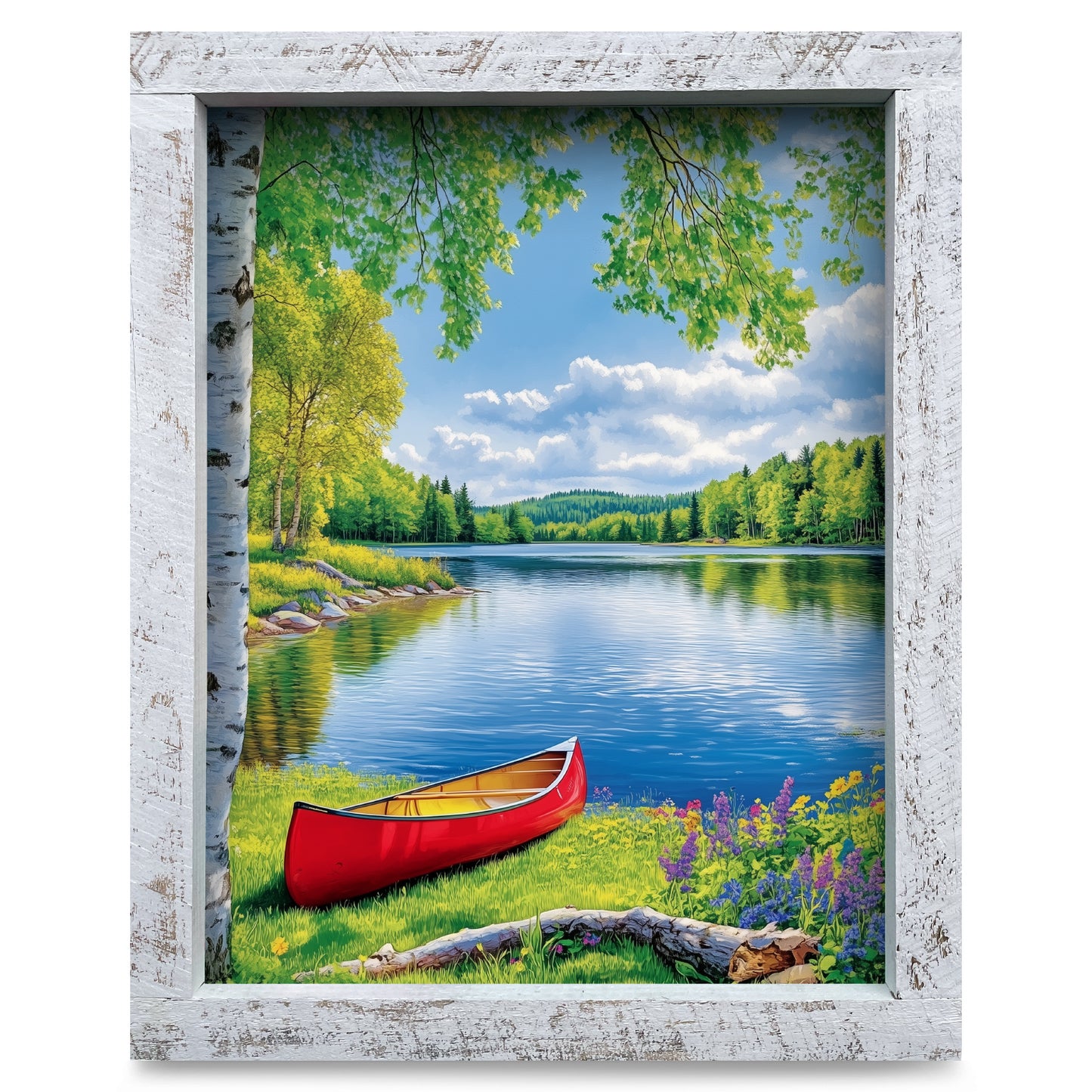 Colorful Lake Canoe Scene | Real Wood Framed Wall Art Print