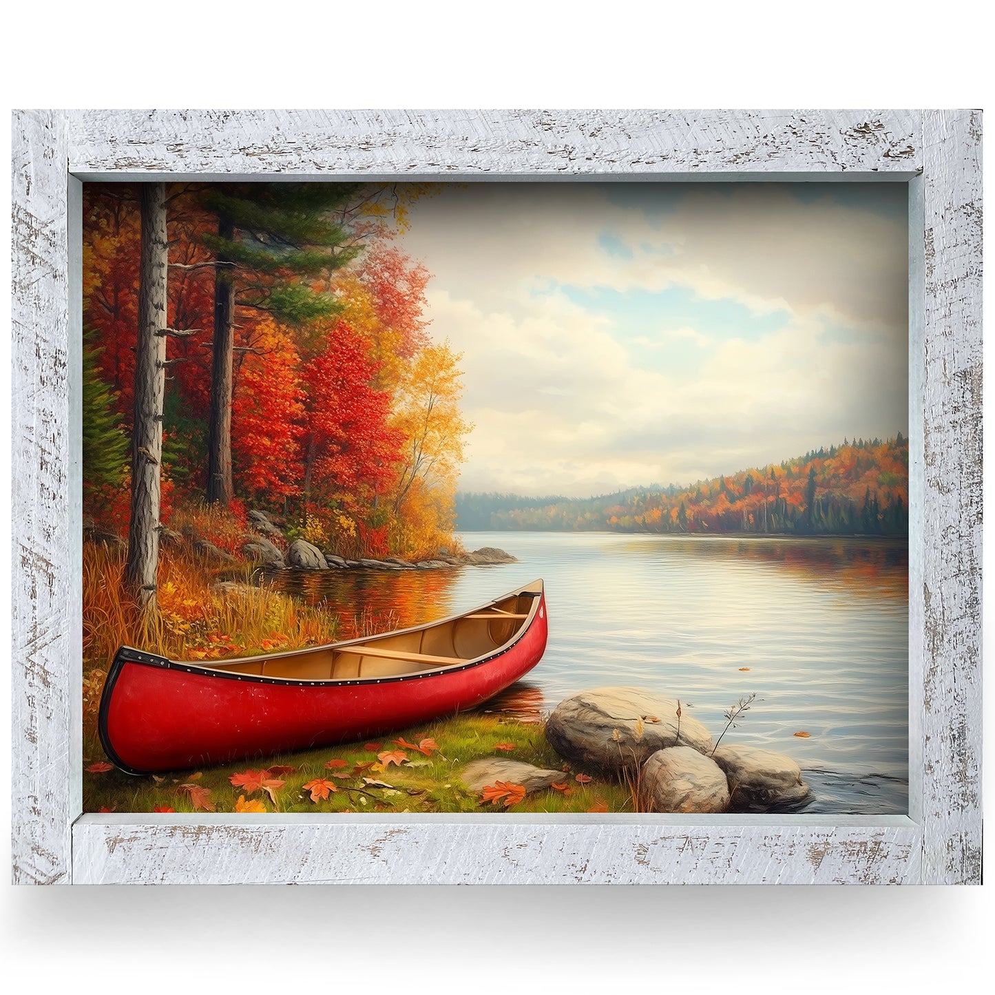 Red Canoe Fall Lake | Real Wood Framed Wall Art Print