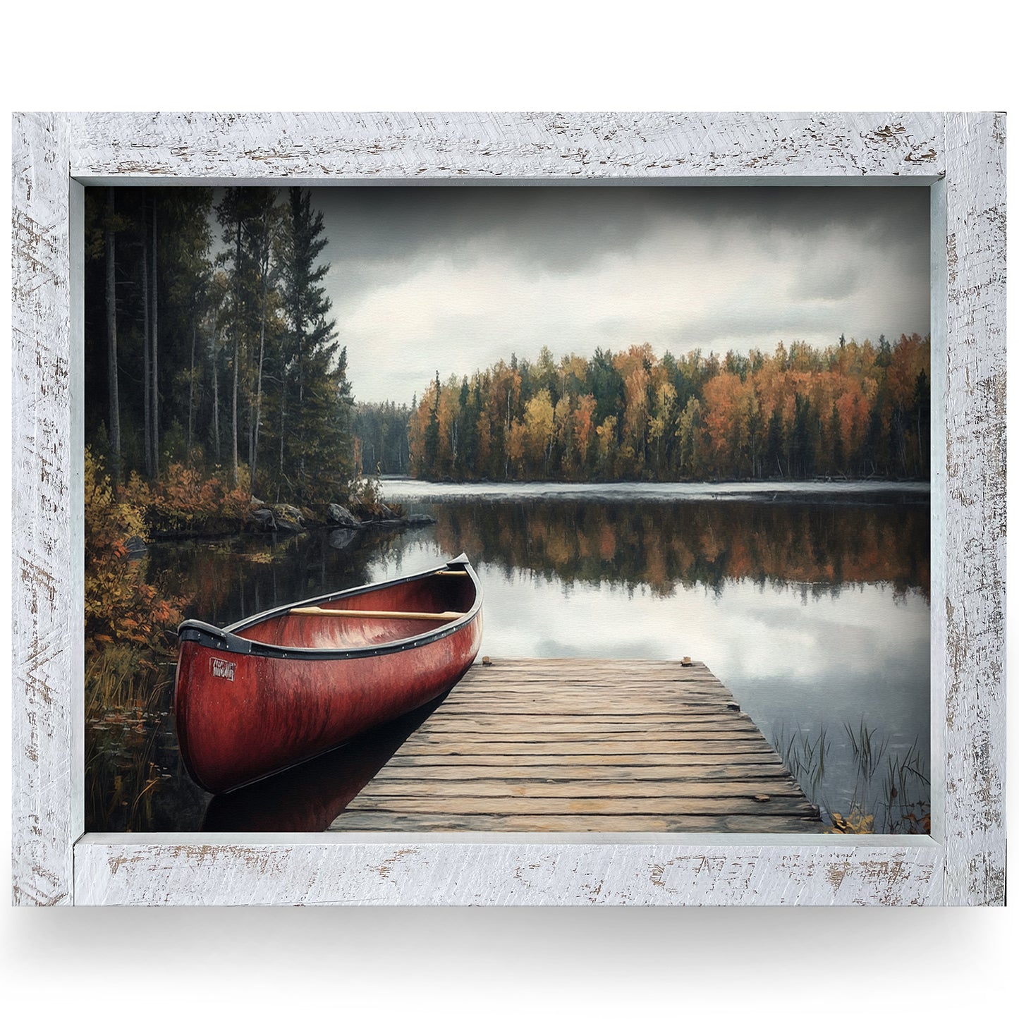 Red Canoe Docked | Real Wood Framed Wall Art Print