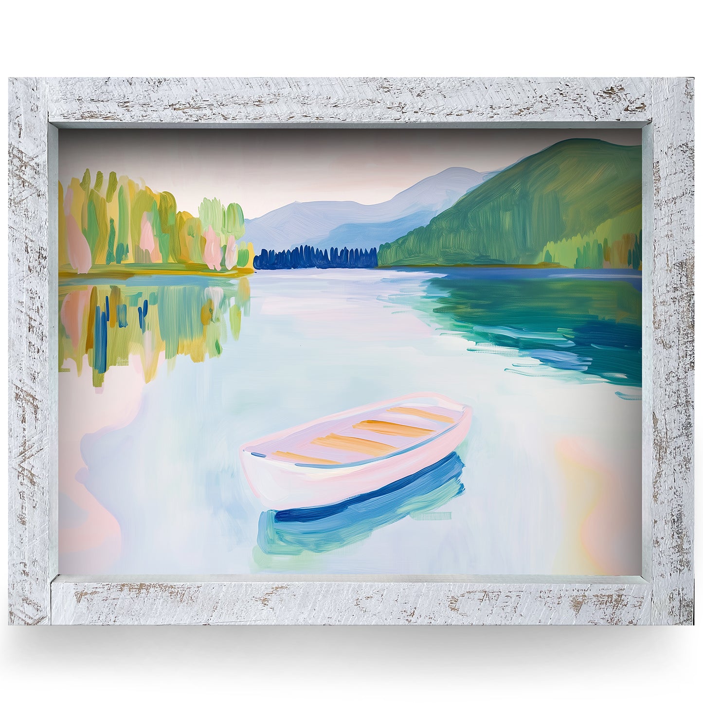 Pastel Lake Boat | Real Wood Framed Wall Art Print | Horizontal