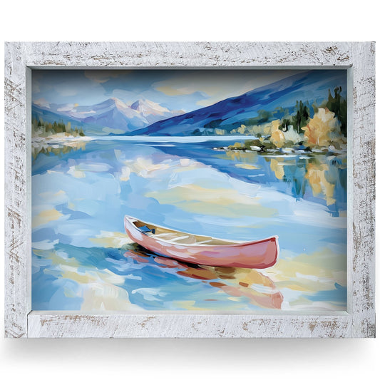 Pink Canoe Mountain Lake | Real Wood Framed Wall Art Print