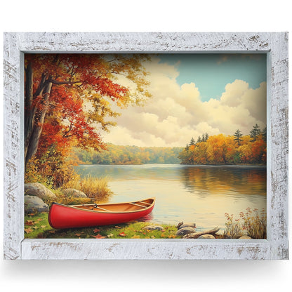 Autumn Red Canoe | Real Wood Framed Wall Art Print