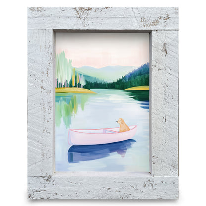 Pastel Pink Dog in Lake Canoe | Real Wood Framed Wall Art Print