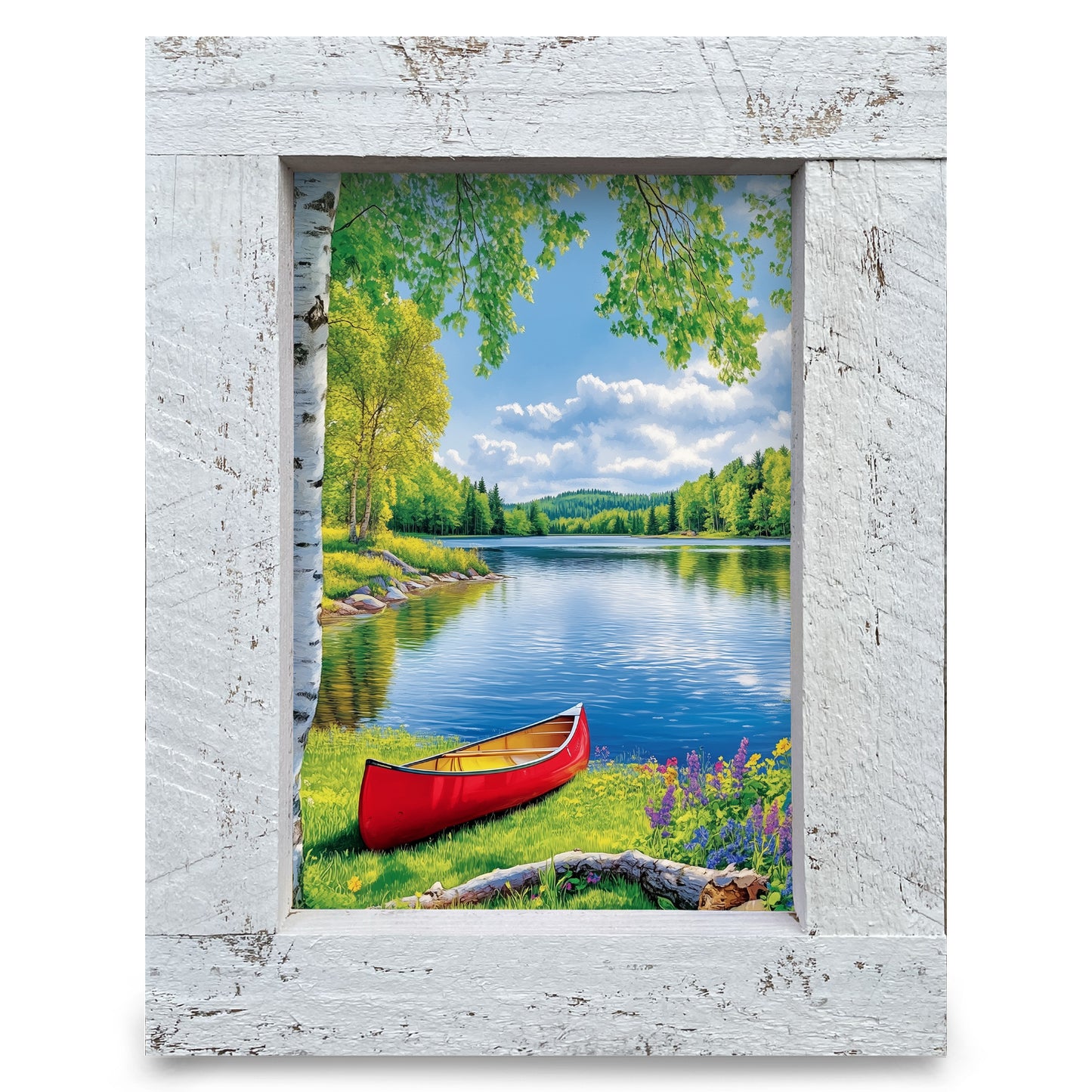 Colorful Lake Canoe Scene | Real Wood Framed Wall Art Print