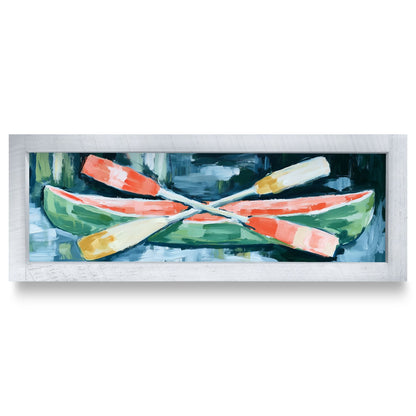 Green Canoe And Paddles | Real Wood Framed Wall Art Print | Skinny