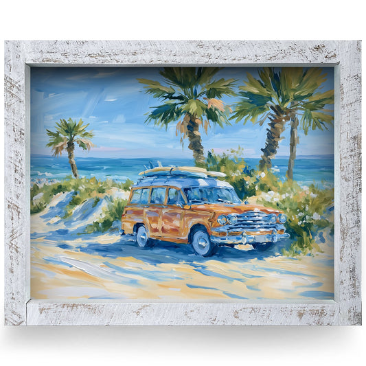 Woody Wagon Beach Day | Real Wood Framed Wall Art Print