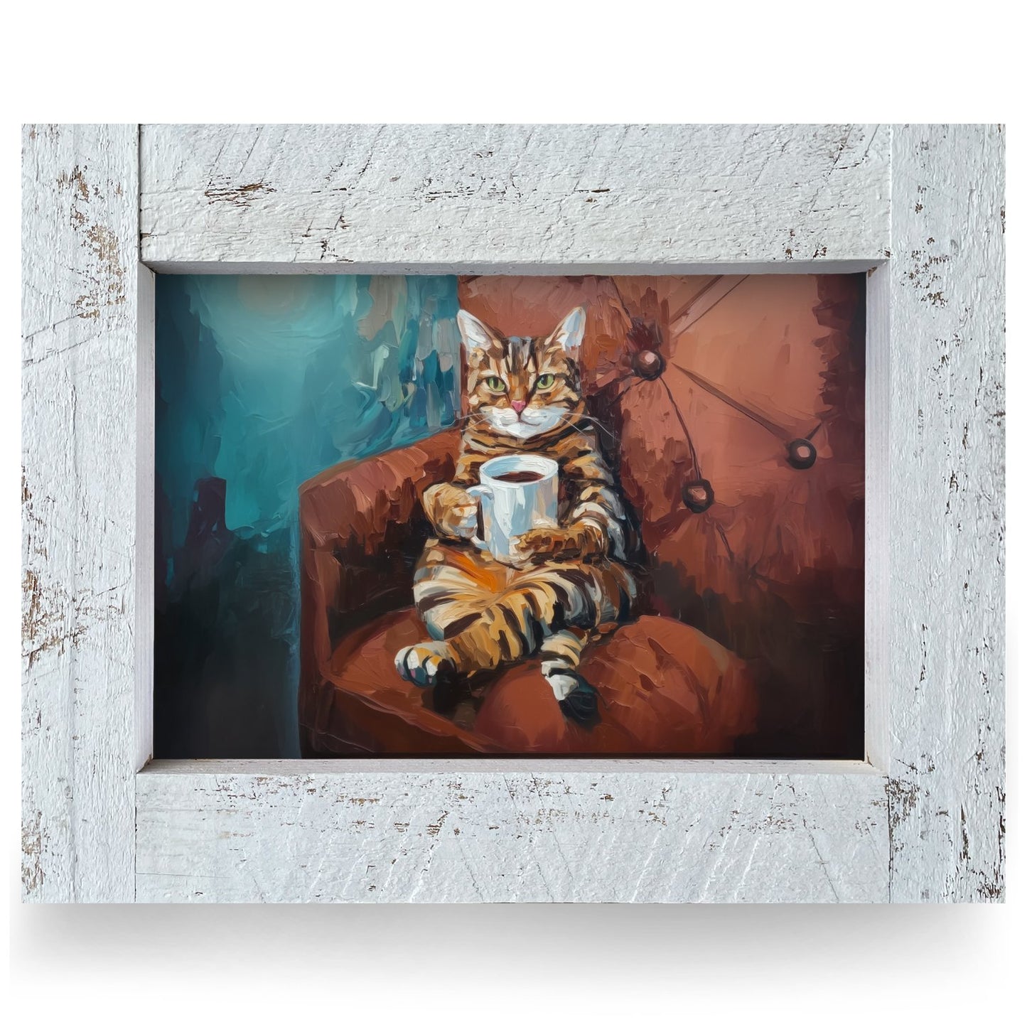 Cozy Coffee Tabby Cat | Real Wood Framed Wall Art Print