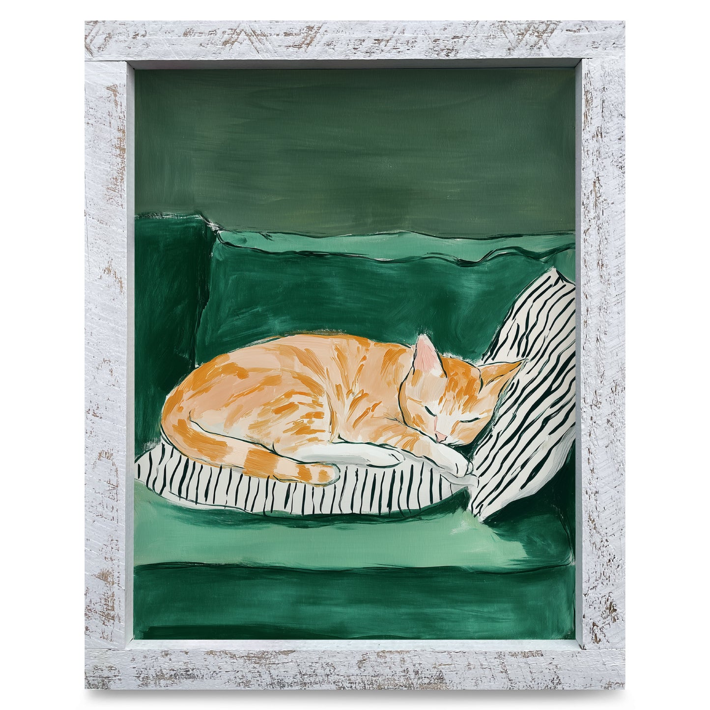 Deep Green Cat Nap | Real Wood Framed Wall Art Print