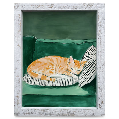 Deep Green Cat Nap | Real Wood Framed Wall Art Print