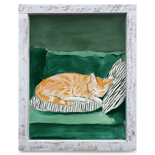 Deep Green Cat Nap | Real Wood Framed Wall Art Print