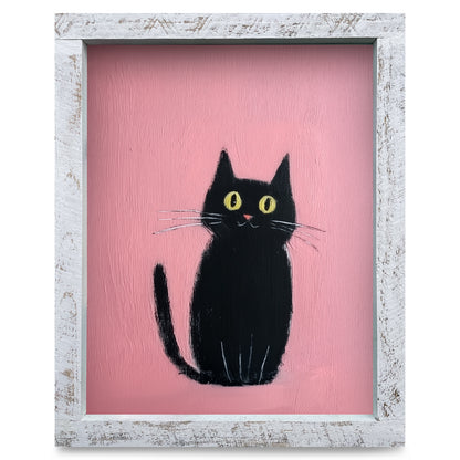 Black Cat Pink Vibes | Real Wood Framed Wall Art Print
