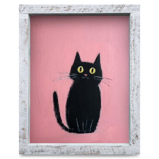 Black Cat Pink Vibes | Real Wood Framed Wall Art Print