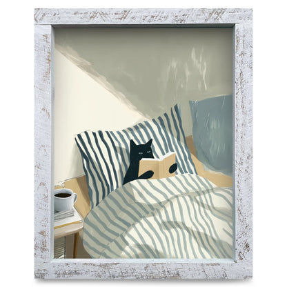 Purr-fect Morning Read | Real Wood Framed Wall Art Print
