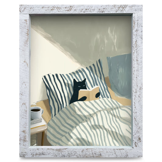 Purr-fect Morning Read | Real Wood Framed Wall Art Print
