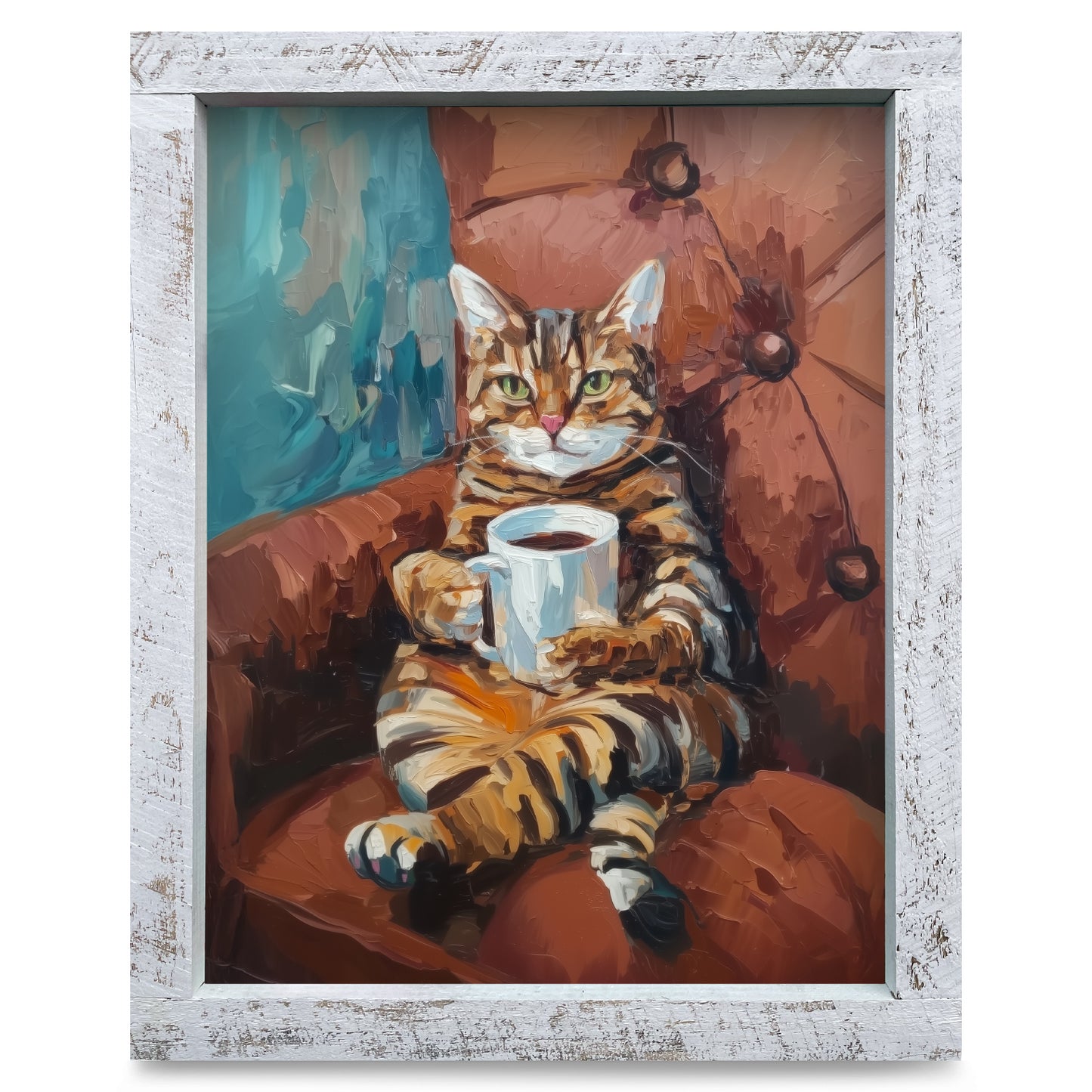 Cute Coffee Cat | Real Wood Framed Wall Art Print