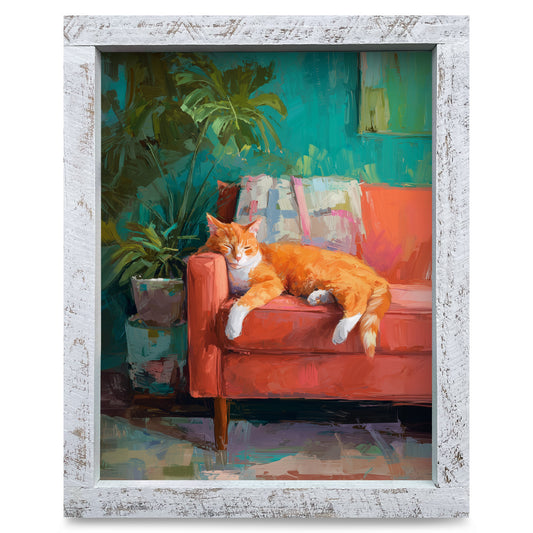 Cozy Couch Cat Nap | Real Wood Framed Wall Art Print
