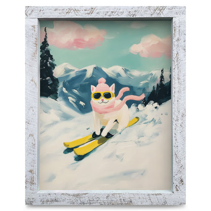 Winter Cat Shredding Slopes | Real Wood Framed Wall Art Print