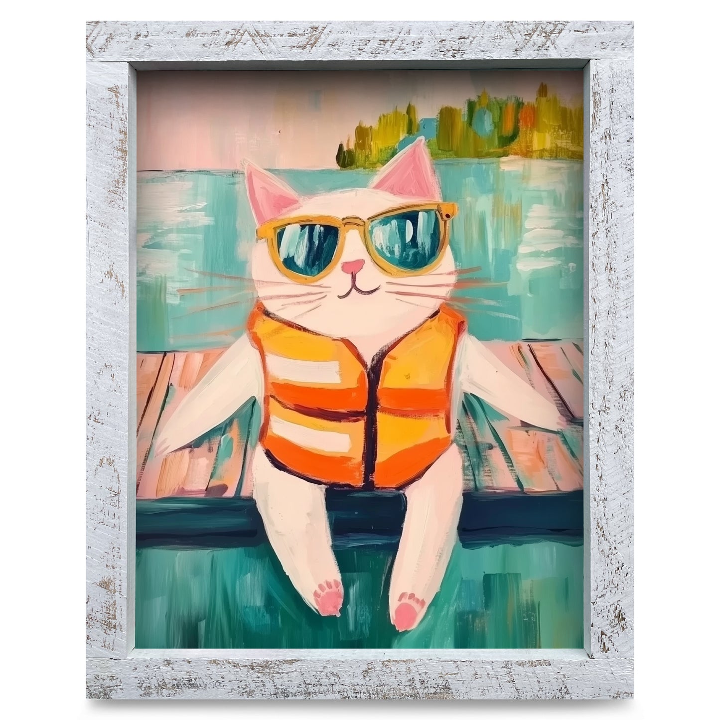 Cool Cat Dock Sitter | Real Wood Framed Wall Art Print