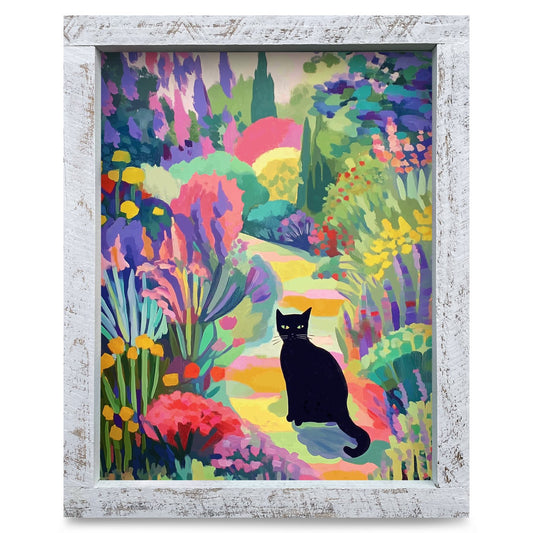 Black Cat Garden Path | Real Wood Framed Wall Art Print