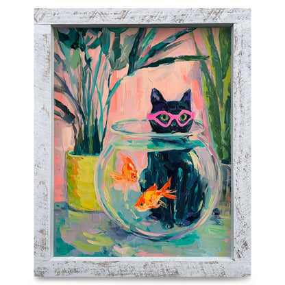 Curious Cat Fishbowl | Real Wood Framed Wall Art Print