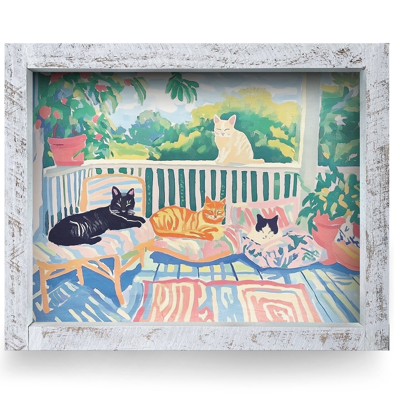 Cute Porch Cats | Real Wood Framed Wall Art Print | Horizontal