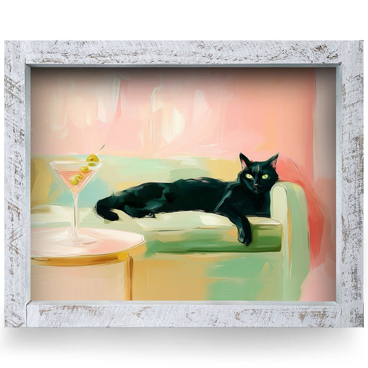 Nine Lives & One Martini | Real Wood Framed Wall Art Print | Horizontal