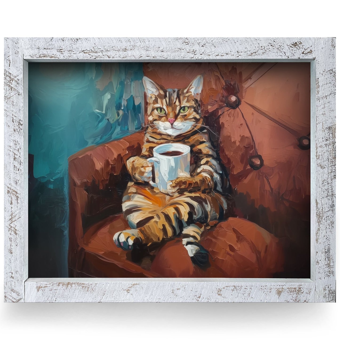 Cozy Coffee Tabby Cat | Real Wood Framed Wall Art Print
