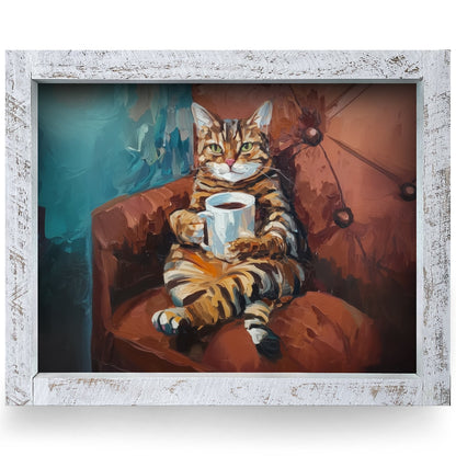 Cozy Coffee Tabby Cat | Real Wood Framed Wall Art Print