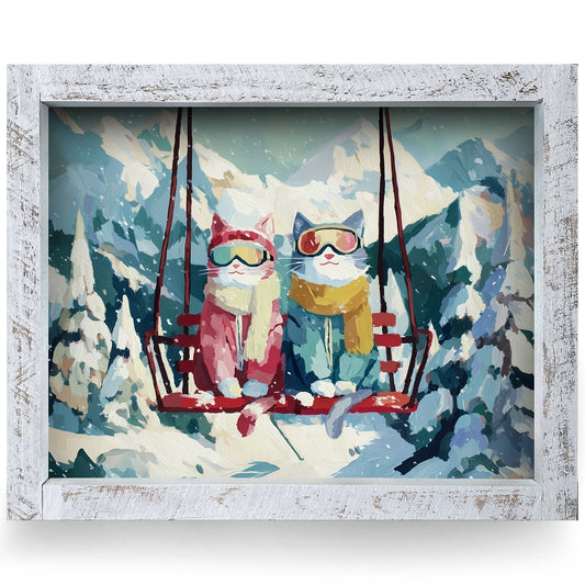 Ski Day Cats | Real Wood Framed Wall Art Print
