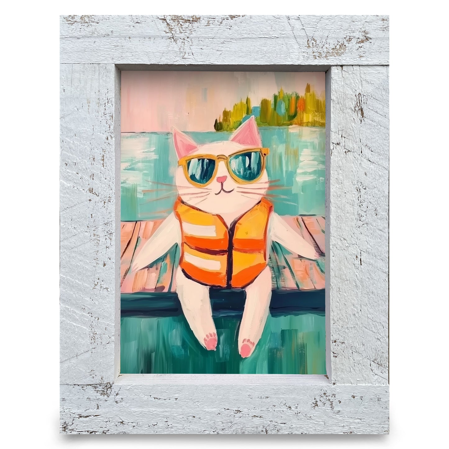 Cool Cat Dock Sitter | Real Wood Framed Wall Art Print