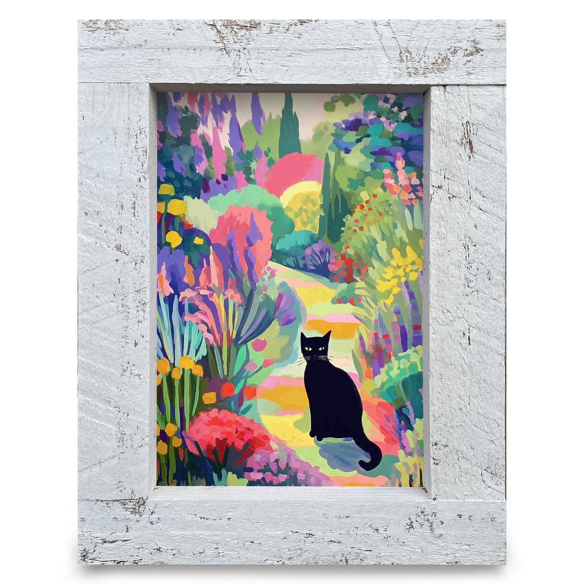 Black Cat Garden Path | Real Wood Framed Wall Art Print
