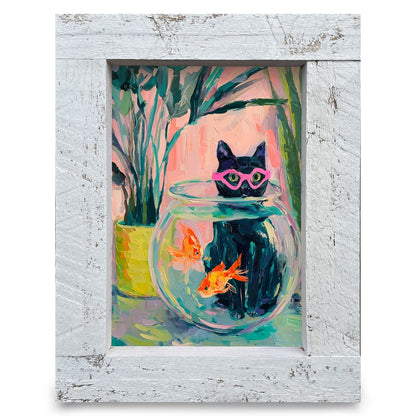 Curious Cat Fishbowl | Real Wood Framed Wall Art Print