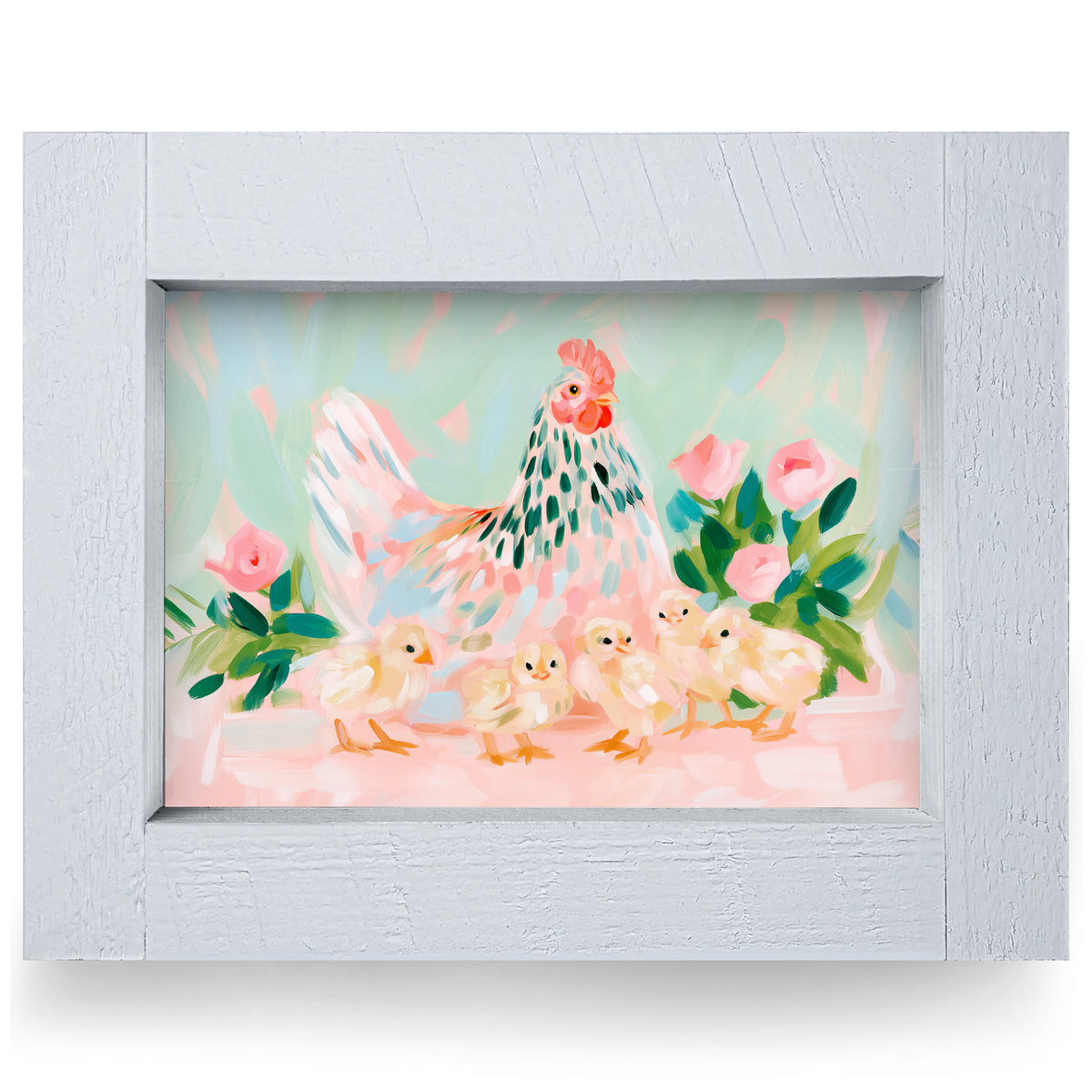Mama Hen And Chicks real wood framed print, rustic white frame