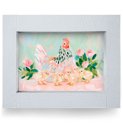 Mama Hen And Chicks real wood framed print, rustic white frame