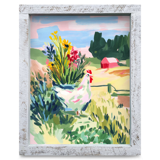 Hen in the Meadow | Real Wood Framed Wall Art Print