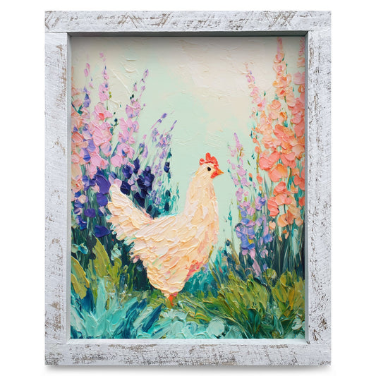 Farmhouse Chicken Foxgloves | Real Wood Framed Wall Art Print