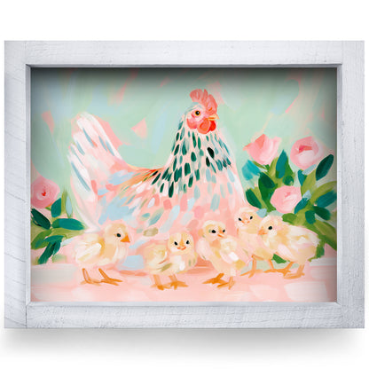 Mama Hen And Chicks real wood framed print, second size