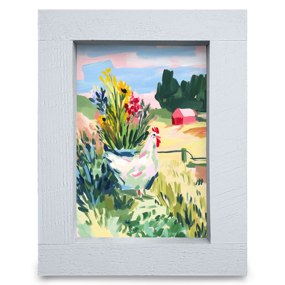 Hen in the Meadow | Real Wood Framed Wall Art Print