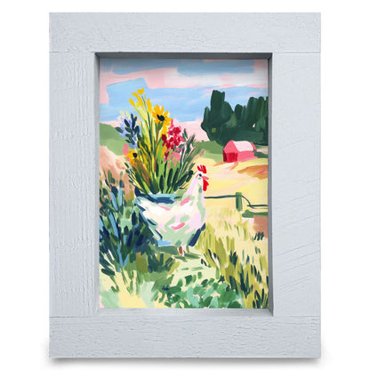 Hen in the Meadow | Real Wood Framed Wall Art Print