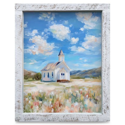 Little White Country Church | Real Wood Framed Wall Art Print