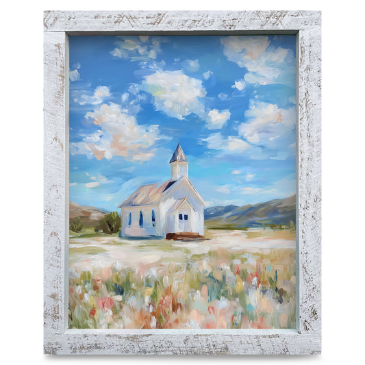 Little White Country Church | Real Wood Framed Wall Art Print