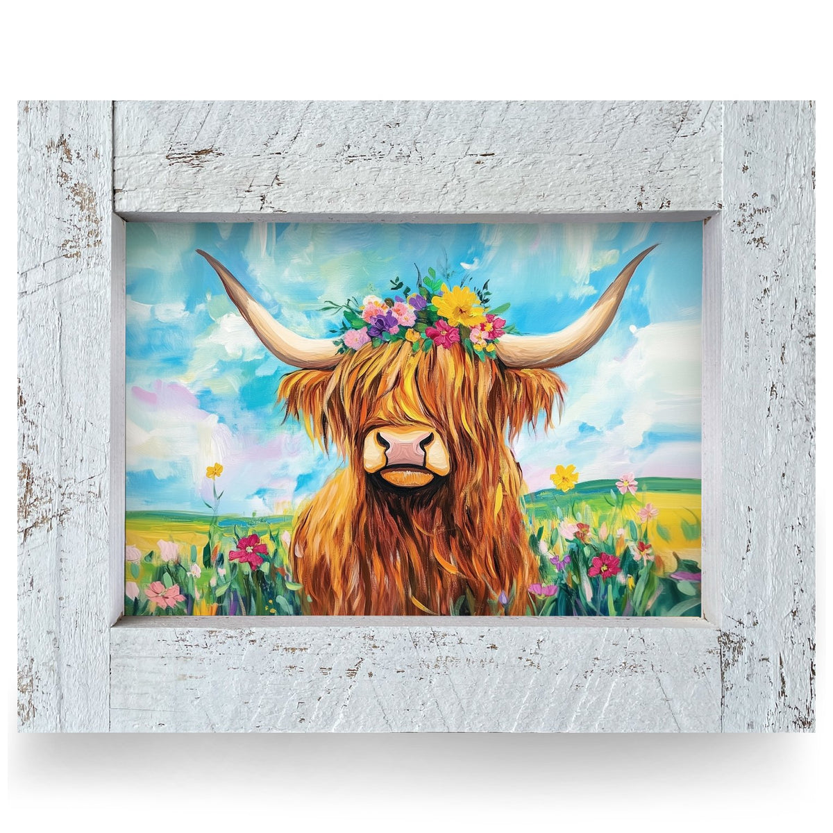 Flower Crown Highland Cow | Real Wood Framed Wall Art Print