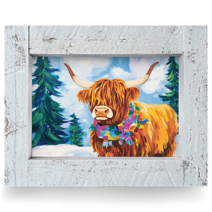 Cozy Scarf Highland Cow | Real Wood Framed Wall Art Print